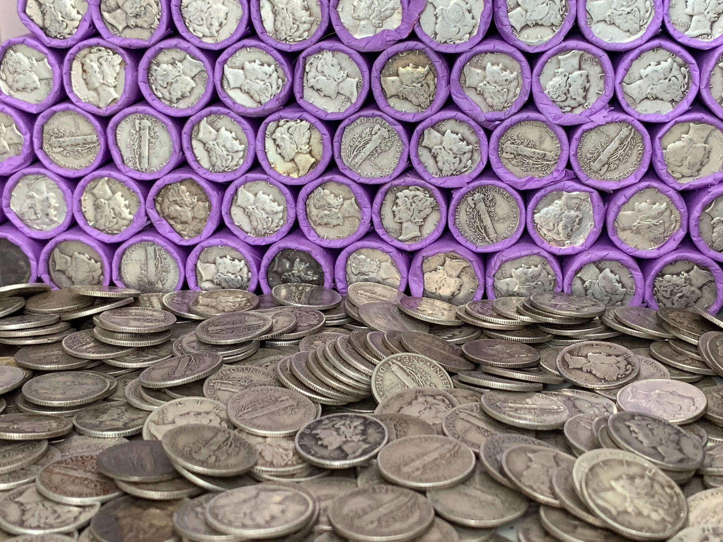 VINTAGE PURPLE BANK ROLL WITH A SILVER DIME SHOWING