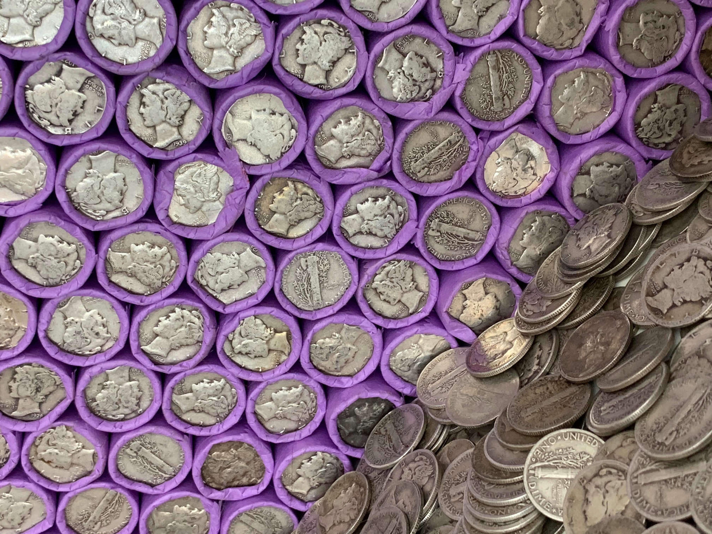 VINTAGE PURPLE BANK ROLL WITH A SILVER DIME SHOWING