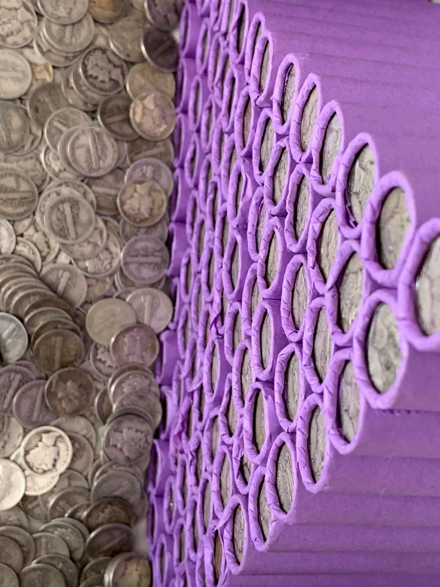 VINTAGE PURPLE BANK ROLL WITH A SILVER DIME SHOWING