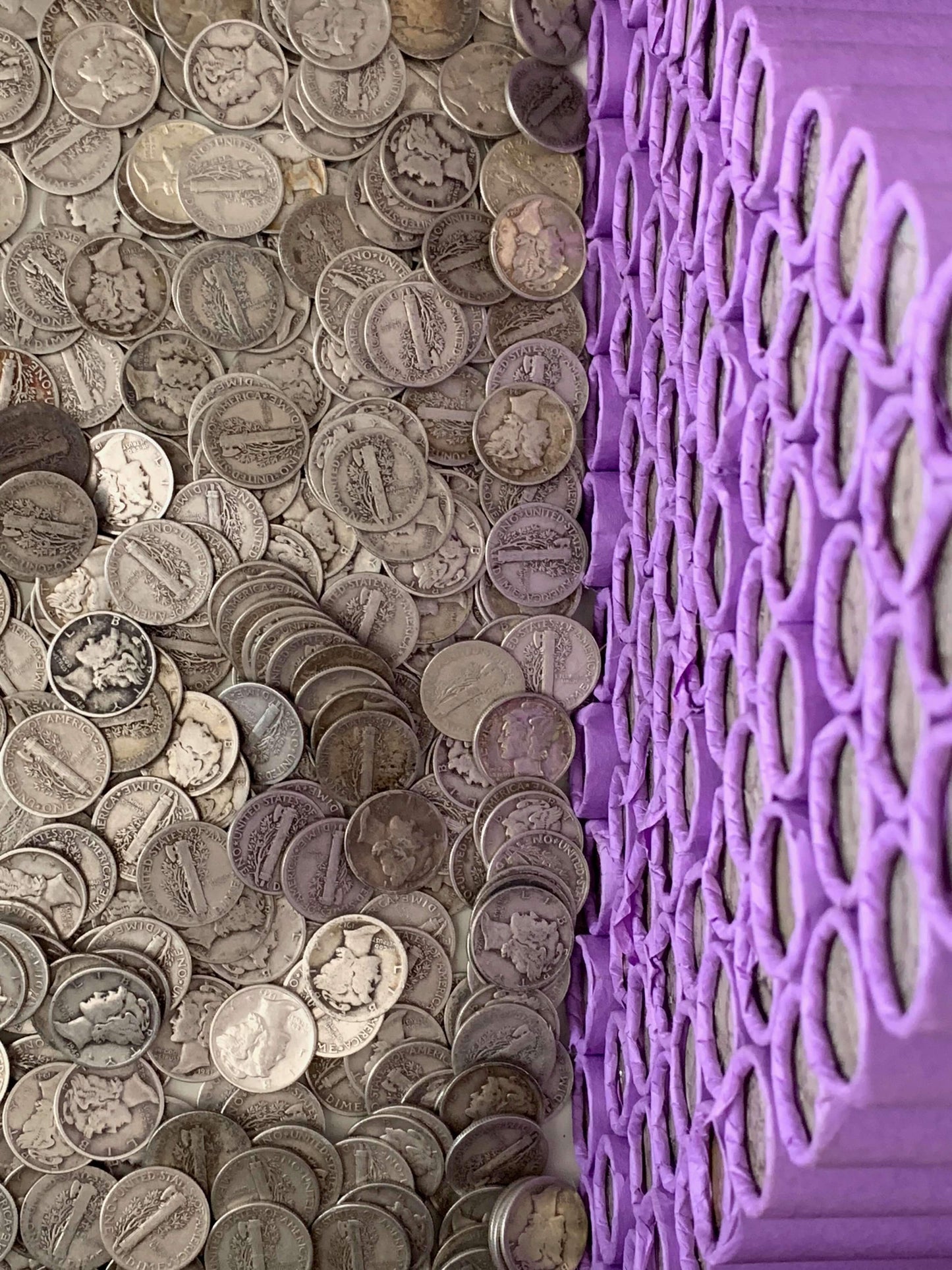 VINTAGE PURPLE BANK ROLL WITH A SILVER DIME SHOWING