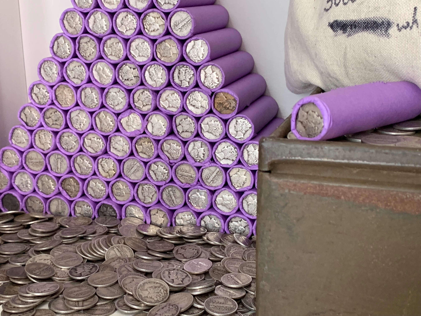 VINTAGE PURPLE BANK ROLL WITH A SILVER DIME SHOWING