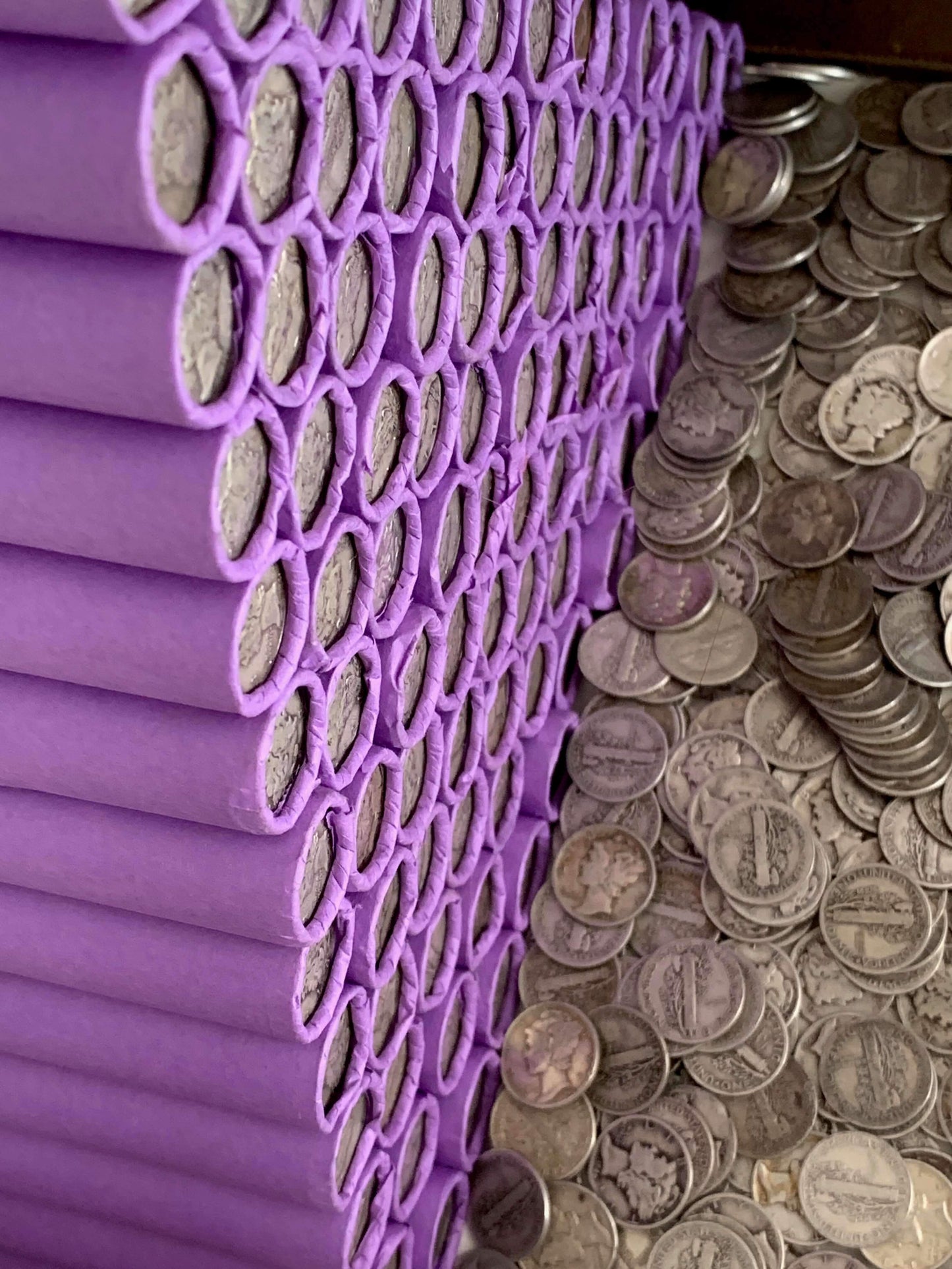 VINTAGE PURPLE BANK ROLL WITH A SILVER DIME SHOWING