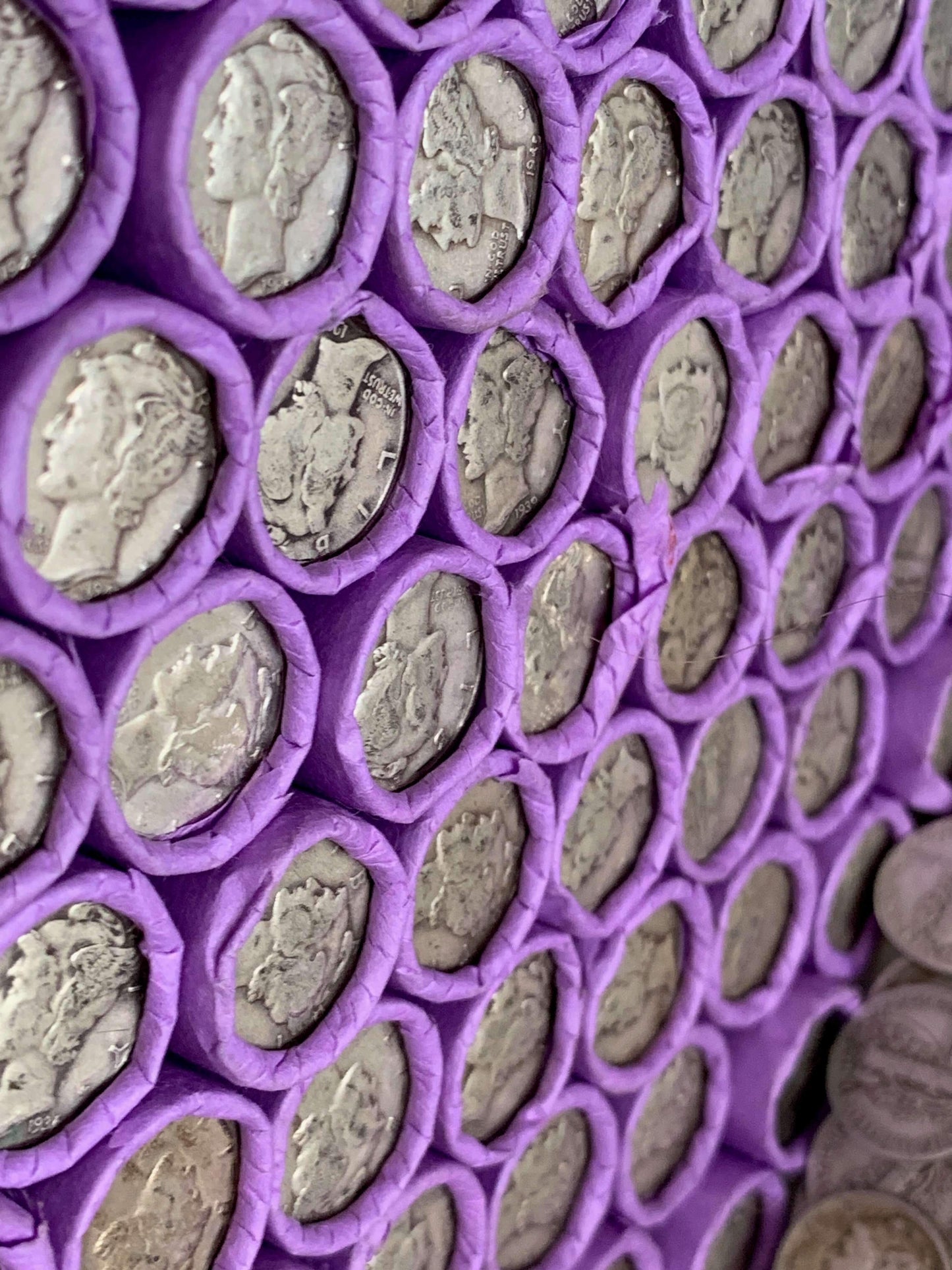 VINTAGE PURPLE BANK ROLL WITH A SILVER DIME SHOWING