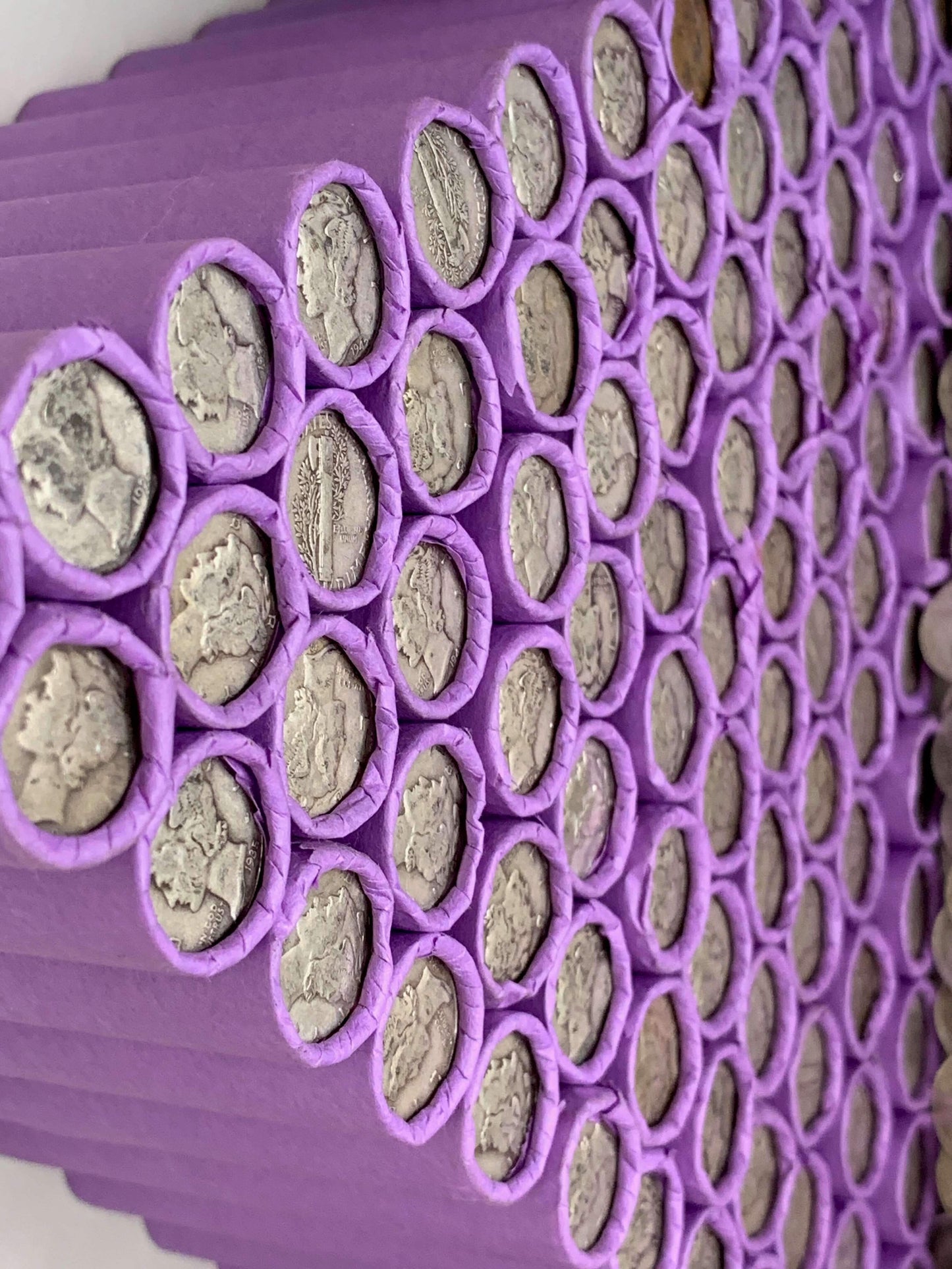 VINTAGE PURPLE BANK ROLL WITH A SILVER DIME SHOWING
