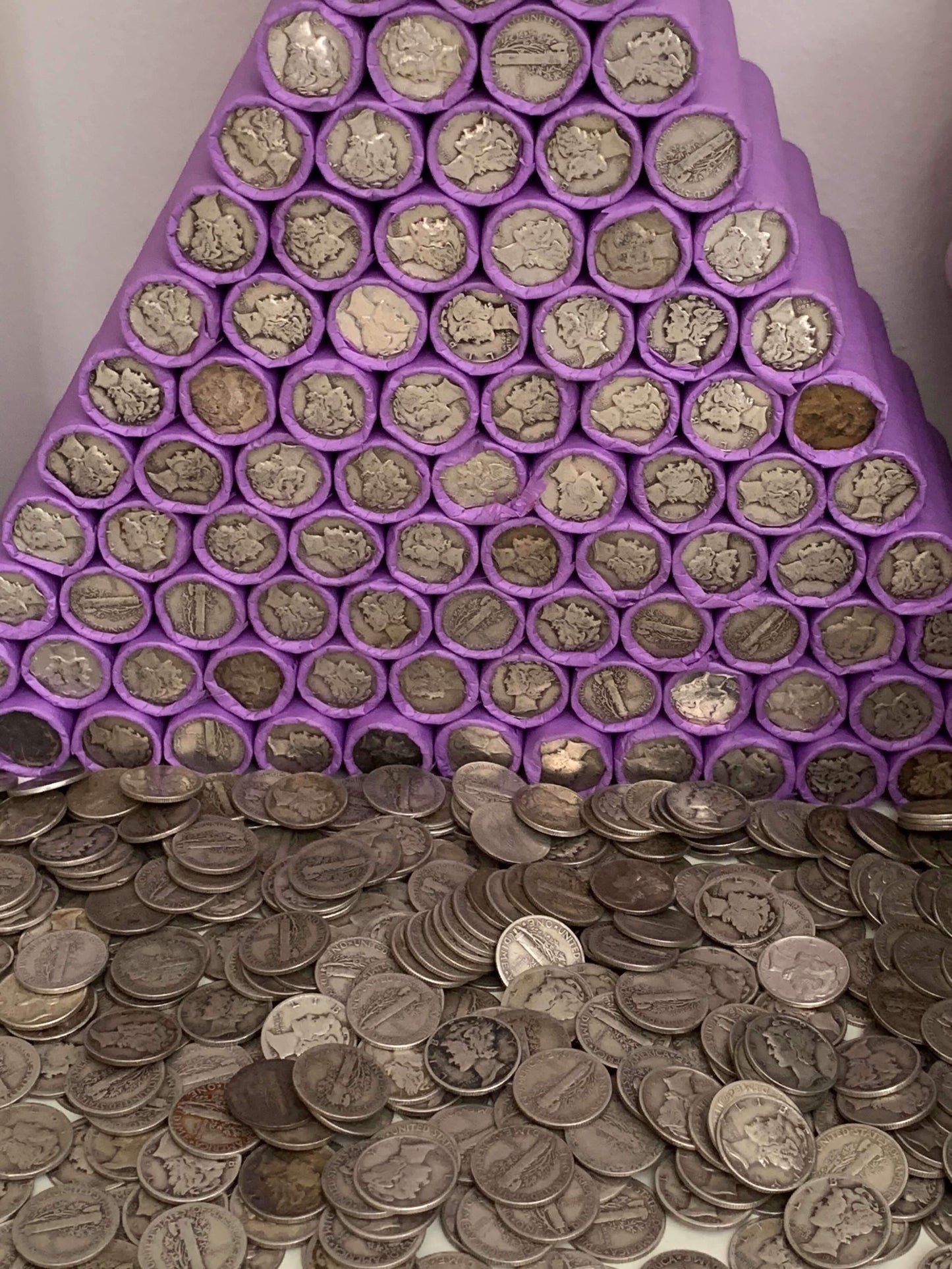 VINTAGE PURPLE BANK ROLL WITH A SILVER DIME SHOWING