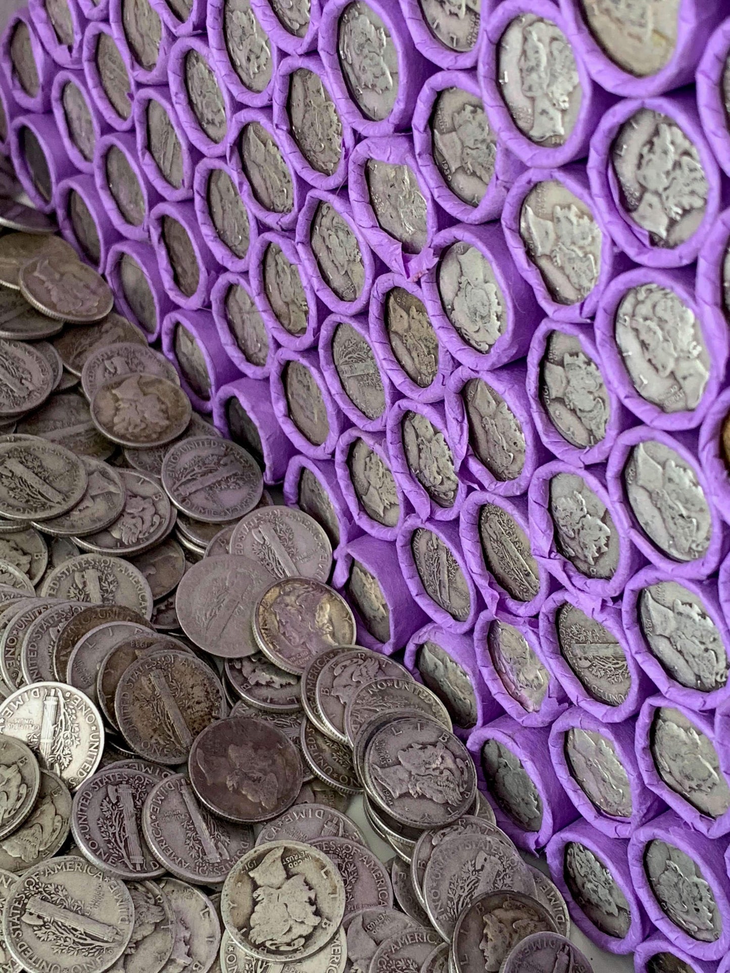 VINTAGE PURPLE BANK ROLL WITH A SILVER DIME SHOWING