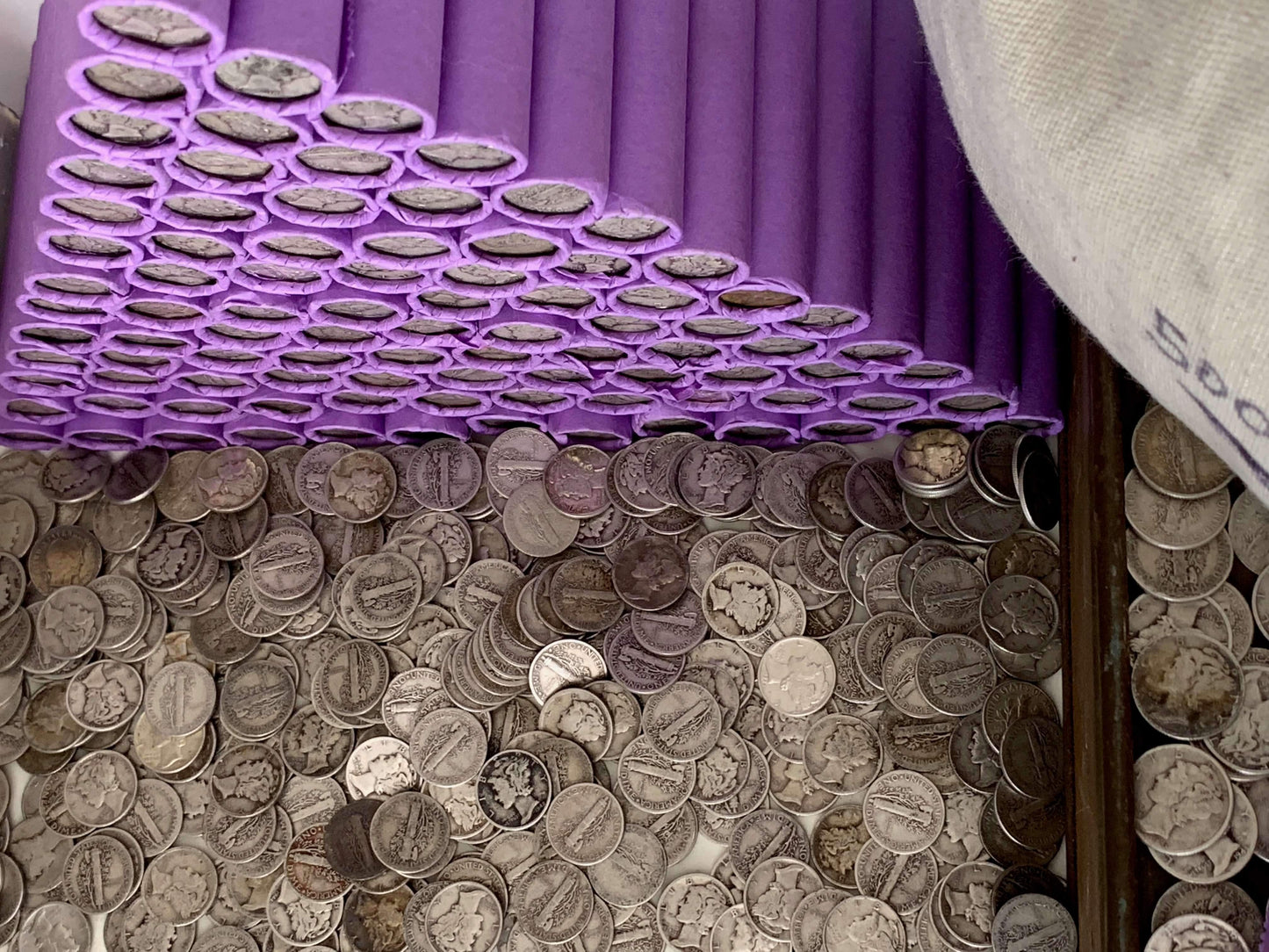 VINTAGE PURPLE BANK ROLL WITH A SILVER DIME SHOWING