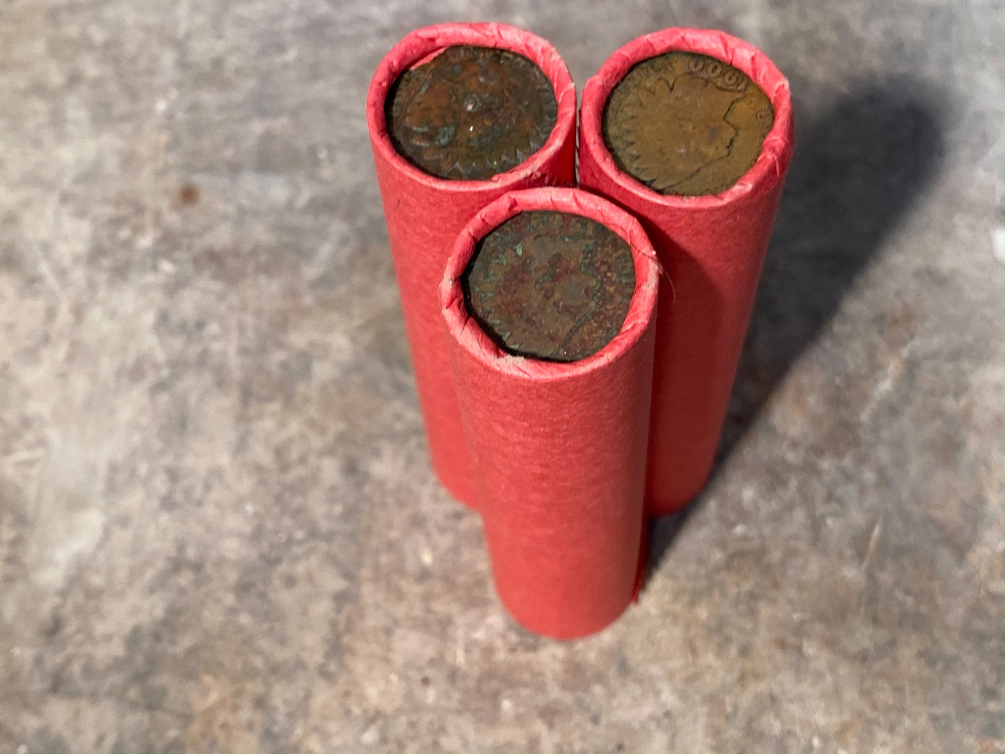 INDIAN HEAD CENT showing on end of old unsearched red us wheat penny roll coins estate lot hoard collection coin sale money
