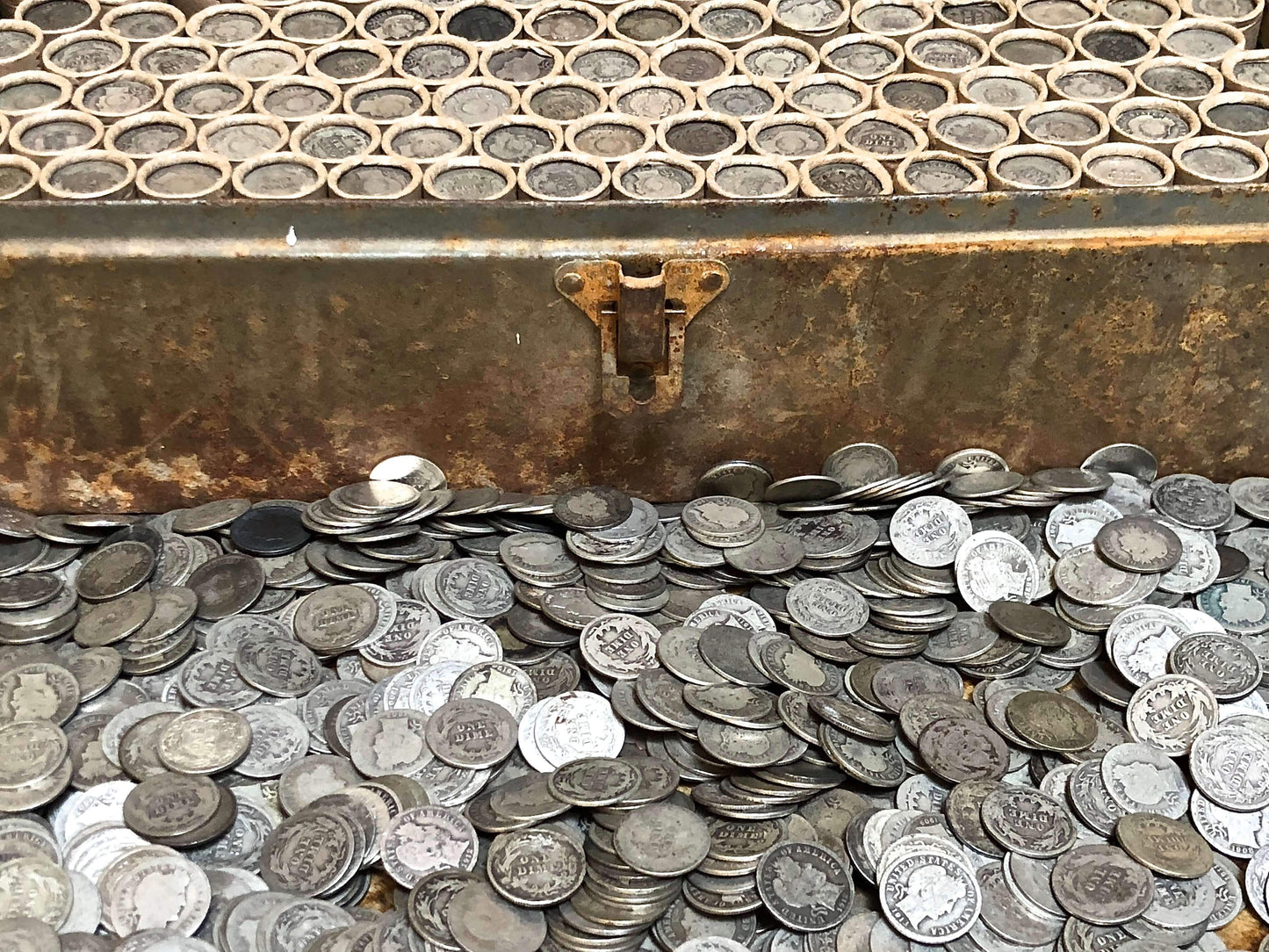 VINTAGE ROLLS OF WHEAT CENTS WITH BARBER DIMES SHOWING