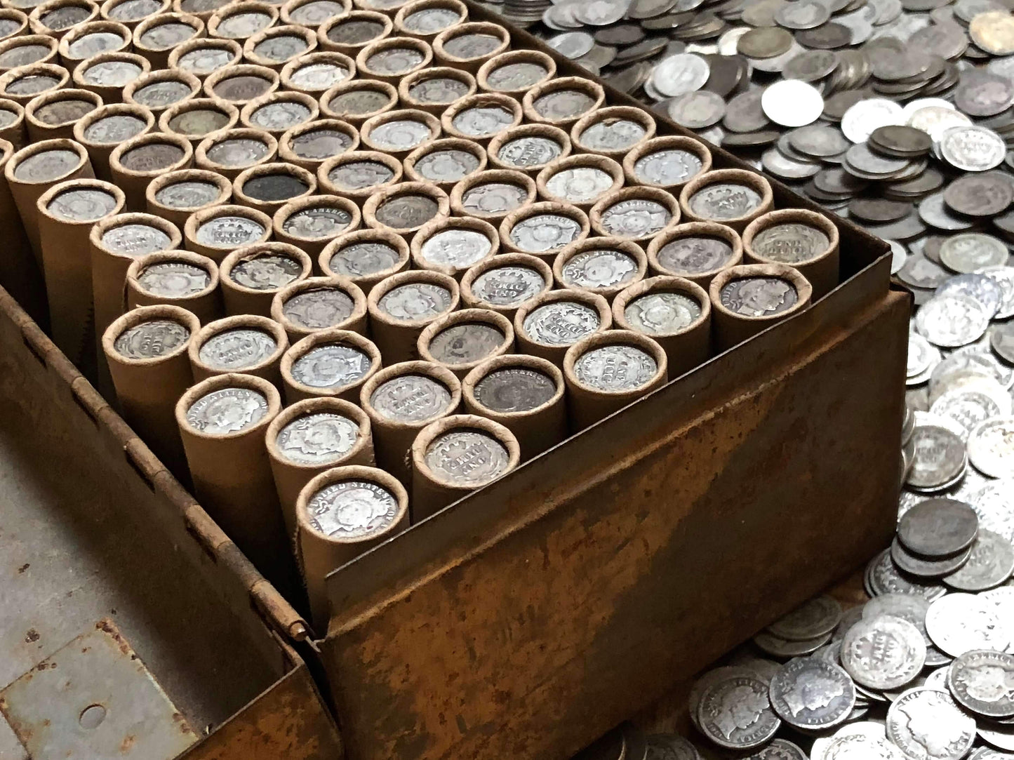 VINTAGE ROLLS OF WHEAT CENTS WITH BARBER DIMES SHOWING