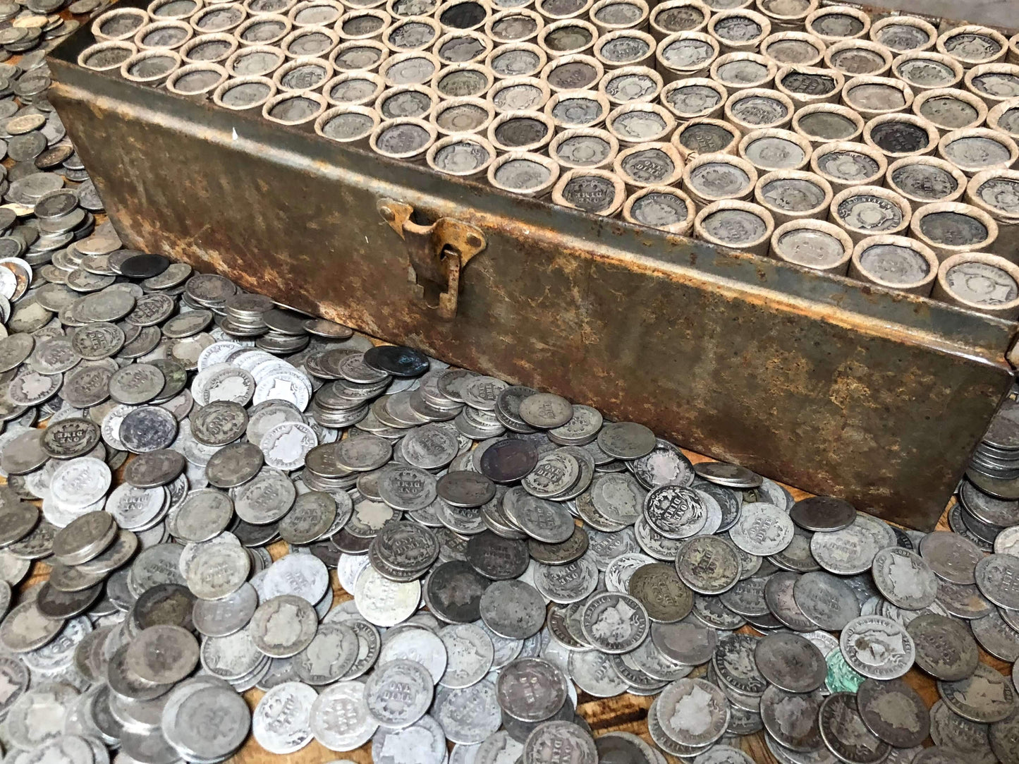 VINTAGE ROLLS OF WHEAT CENTS WITH BARBER DIMES SHOWING