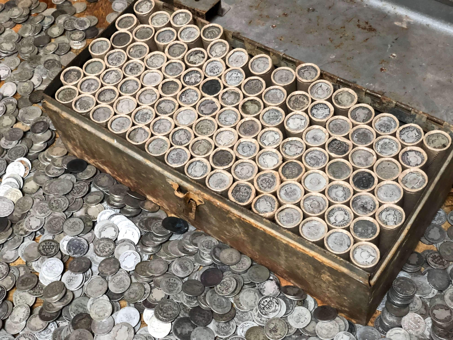 VINTAGE ROLLS OF WHEAT CENTS WITH BARBER DIMES SHOWING