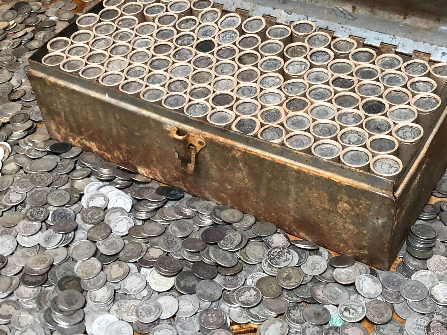 VINTAGE ROLLS OF WHEAT CENTS WITH BARBER DIMES SHOWING