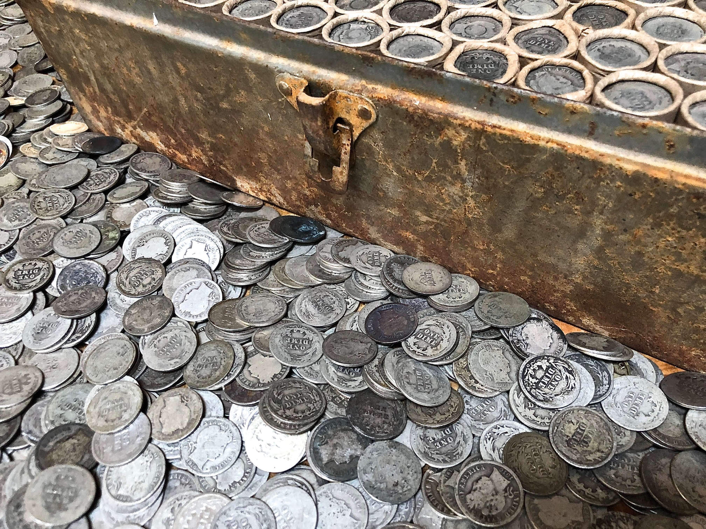 VINTAGE ROLLS OF WHEAT CENTS WITH BARBER DIMES SHOWING