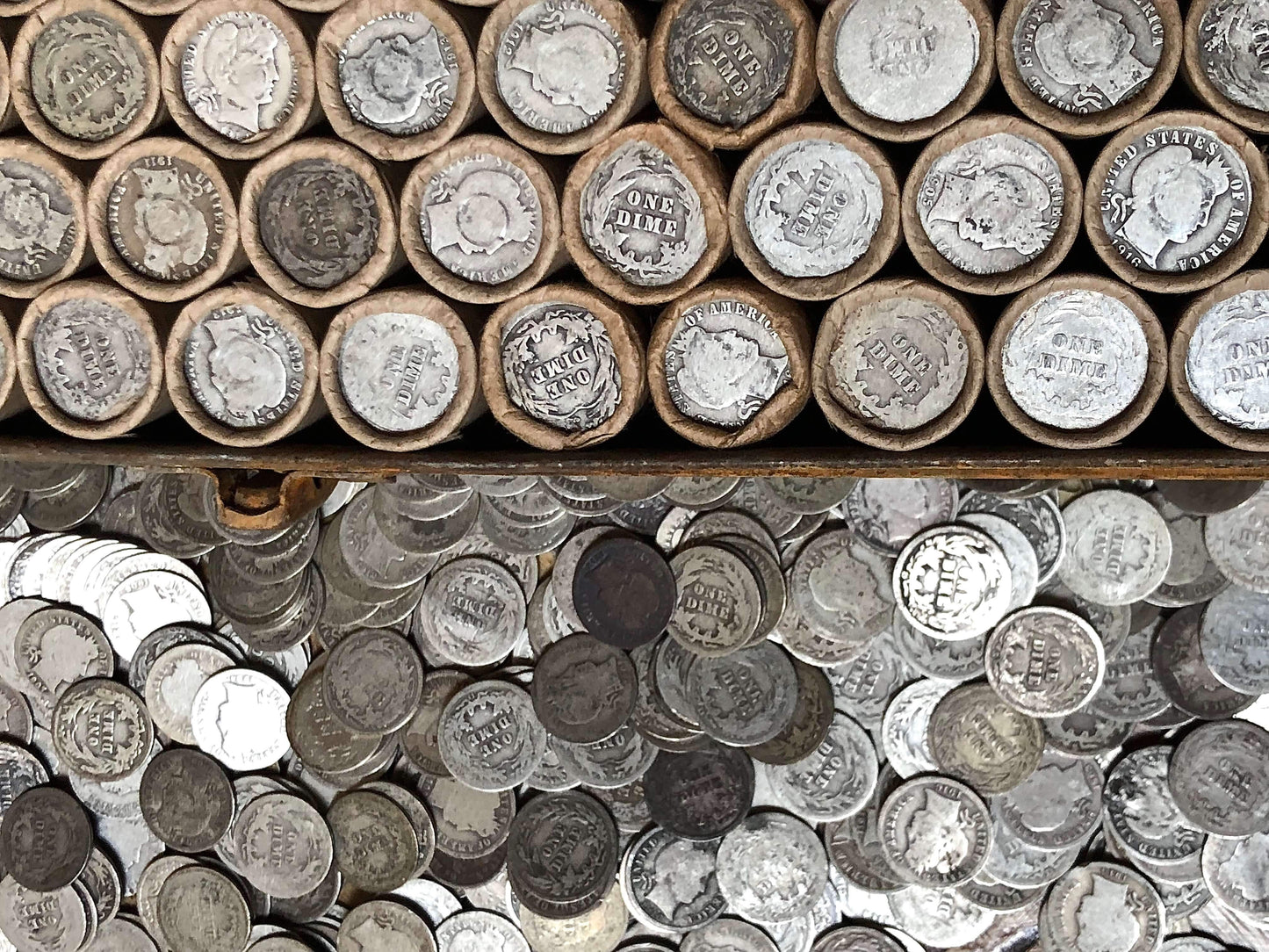 VINTAGE ROLLS OF WHEAT CENTS WITH BARBER DIMES SHOWING