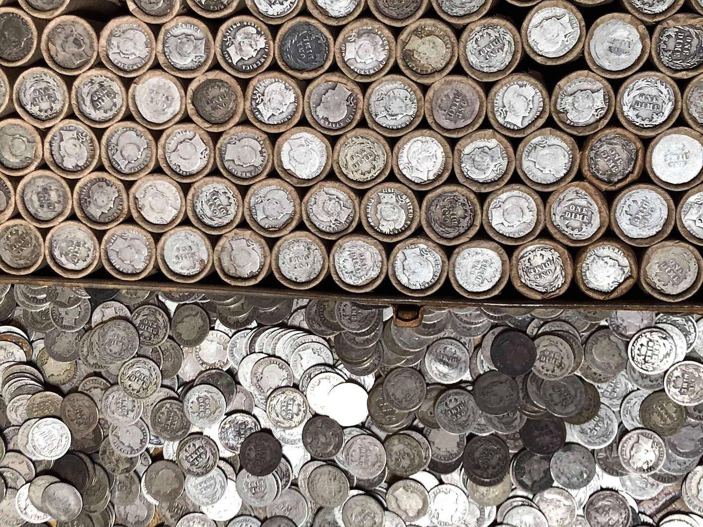 VINTAGE ROLLS OF WHEAT CENTS WITH BARBER DIMES SHOWING