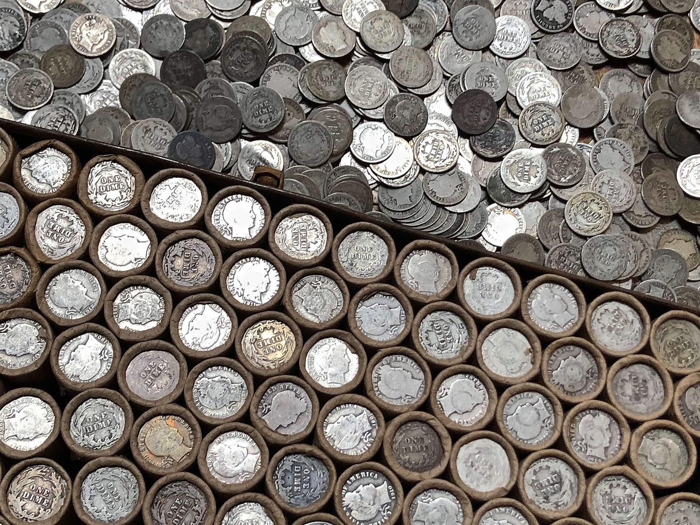VINTAGE ROLLS OF WHEAT CENTS WITH BARBER DIMES SHOWING