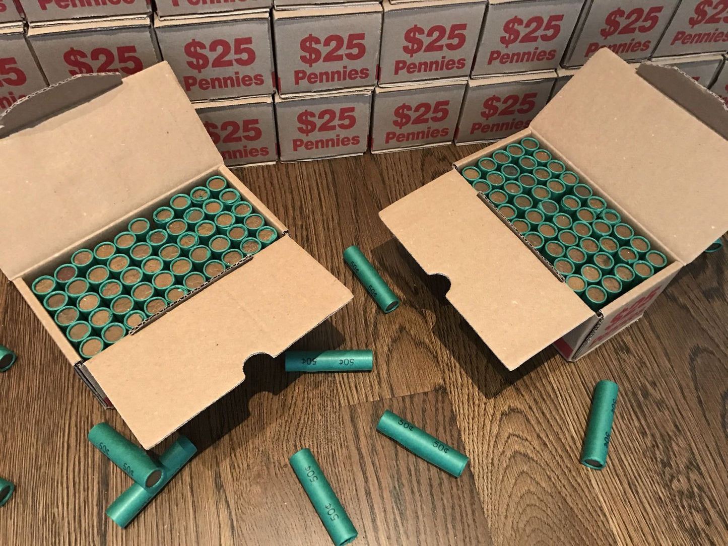 BOX OF 50 WHEAT PENNY ROLLS