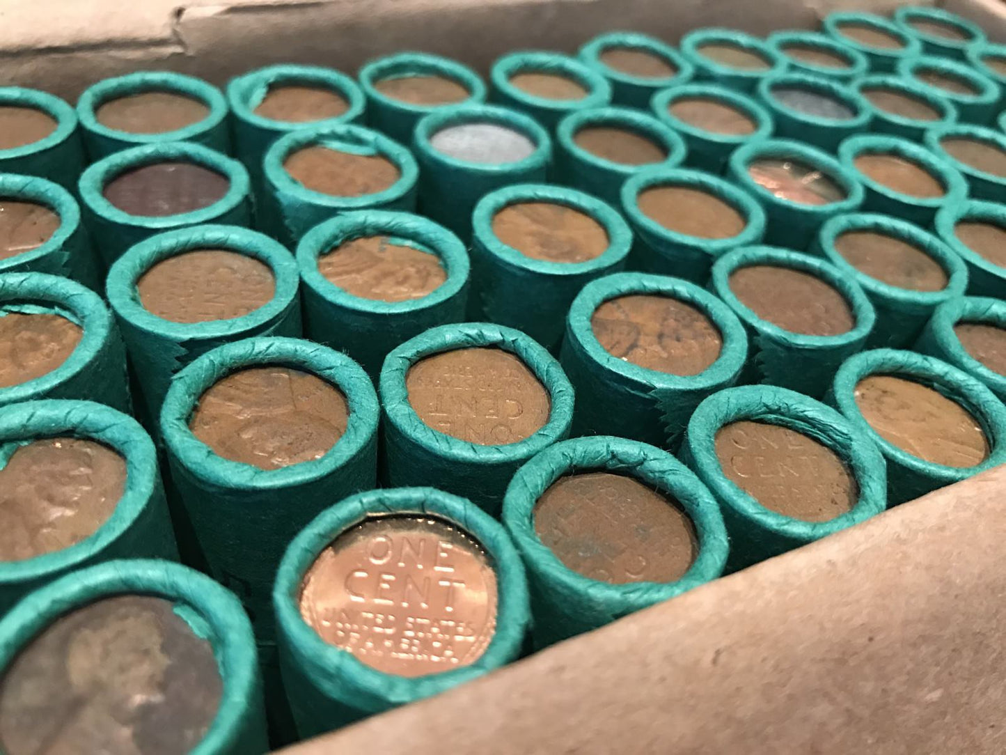 BOX OF 50 WHEAT PENNY ROLLS
