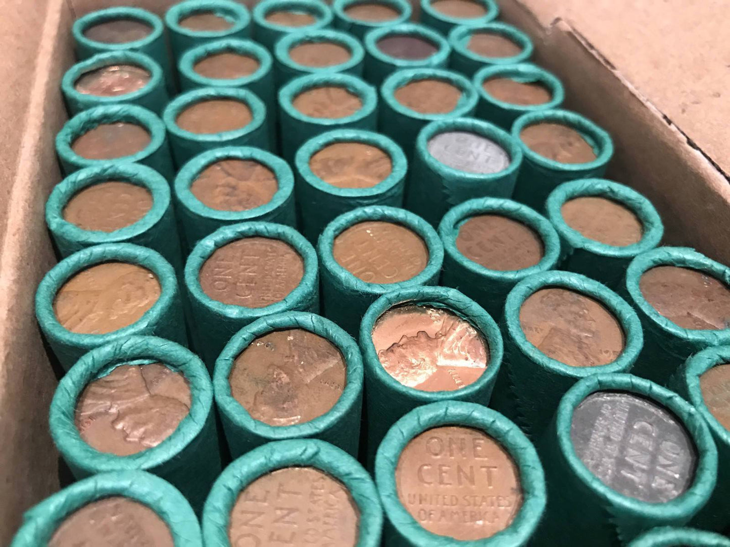 BOX OF 50 WHEAT PENNY ROLLS