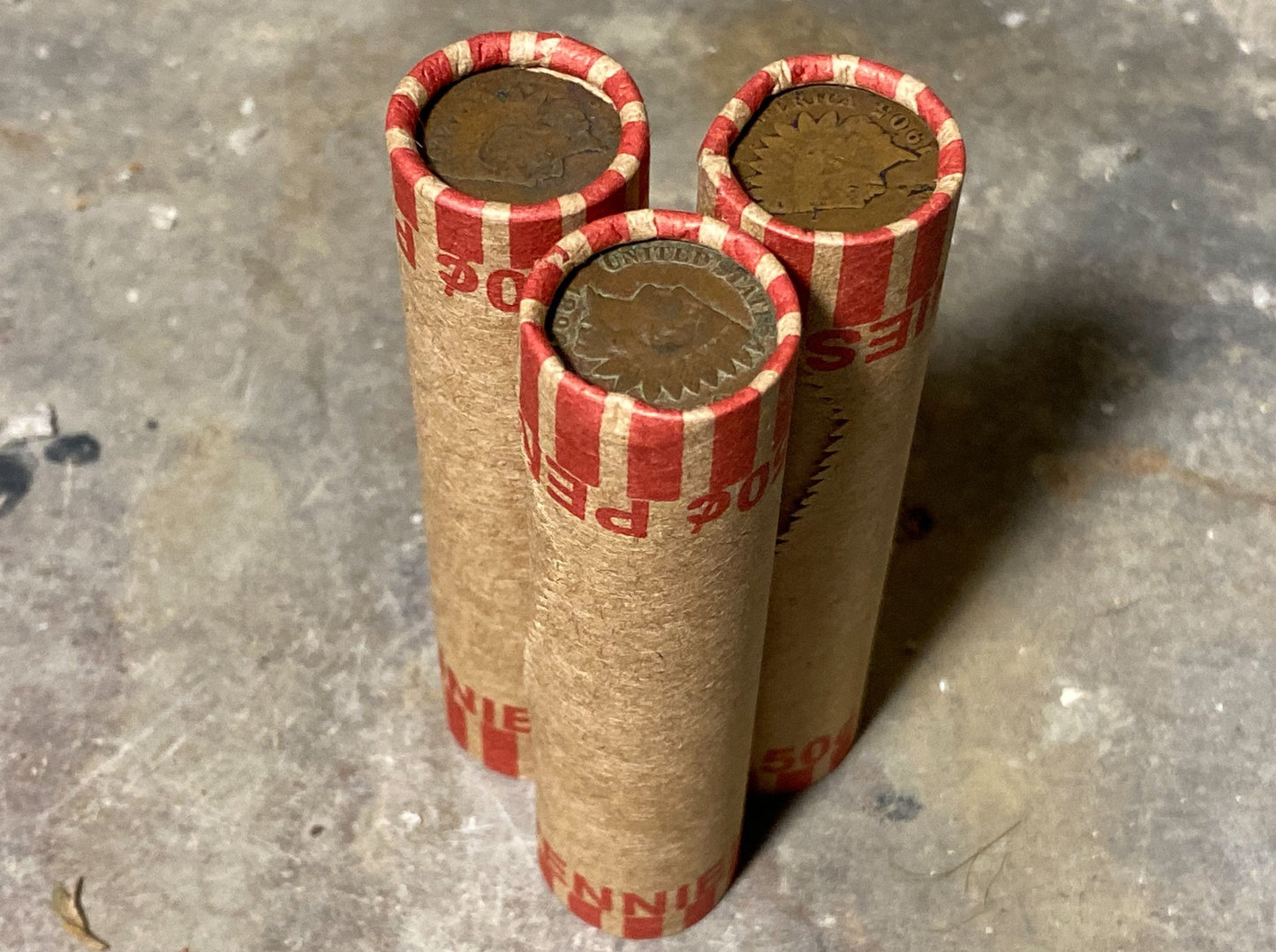 INDIAN HEAD CENTS showing on both ends of old unsearched us wheat penny roll coins estate lot hoard collection coin sale money