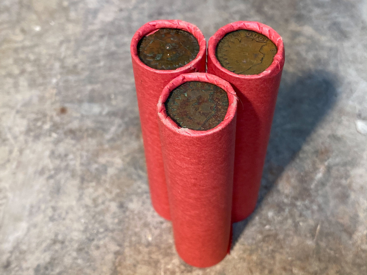 INDIAN HEAD CENT showing on end of old unsearched red us wheat penny roll coins estate lot hoard collection coin sale money