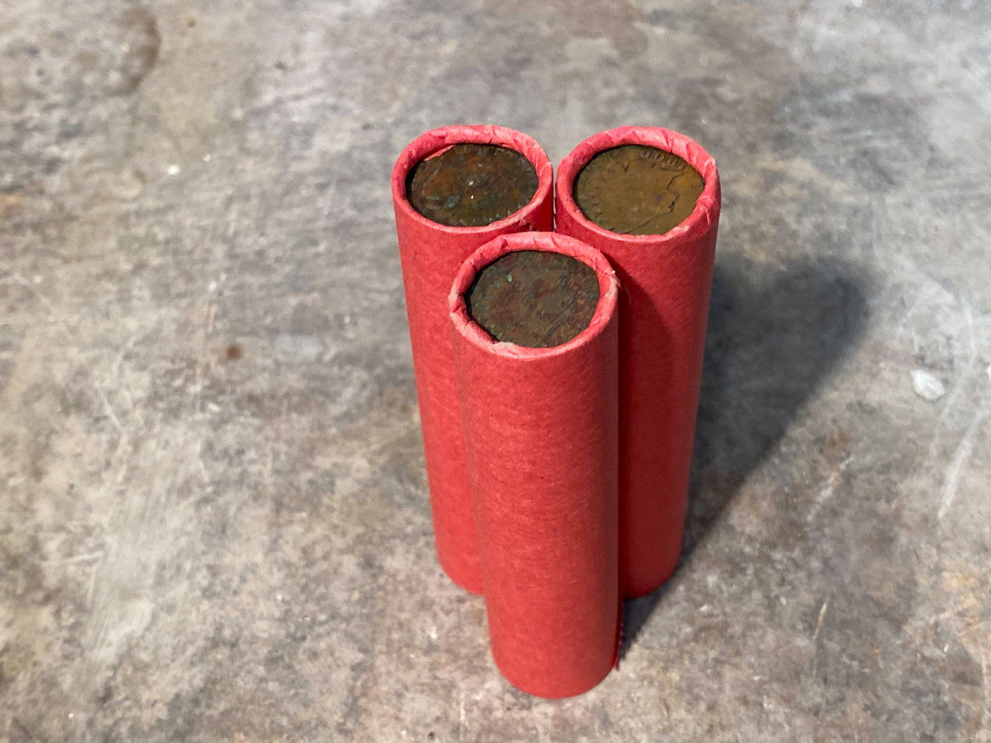 INDIAN HEAD CENT showing on end of old unsearched red us wheat penny roll coins estate lot hoard collection coin sale money