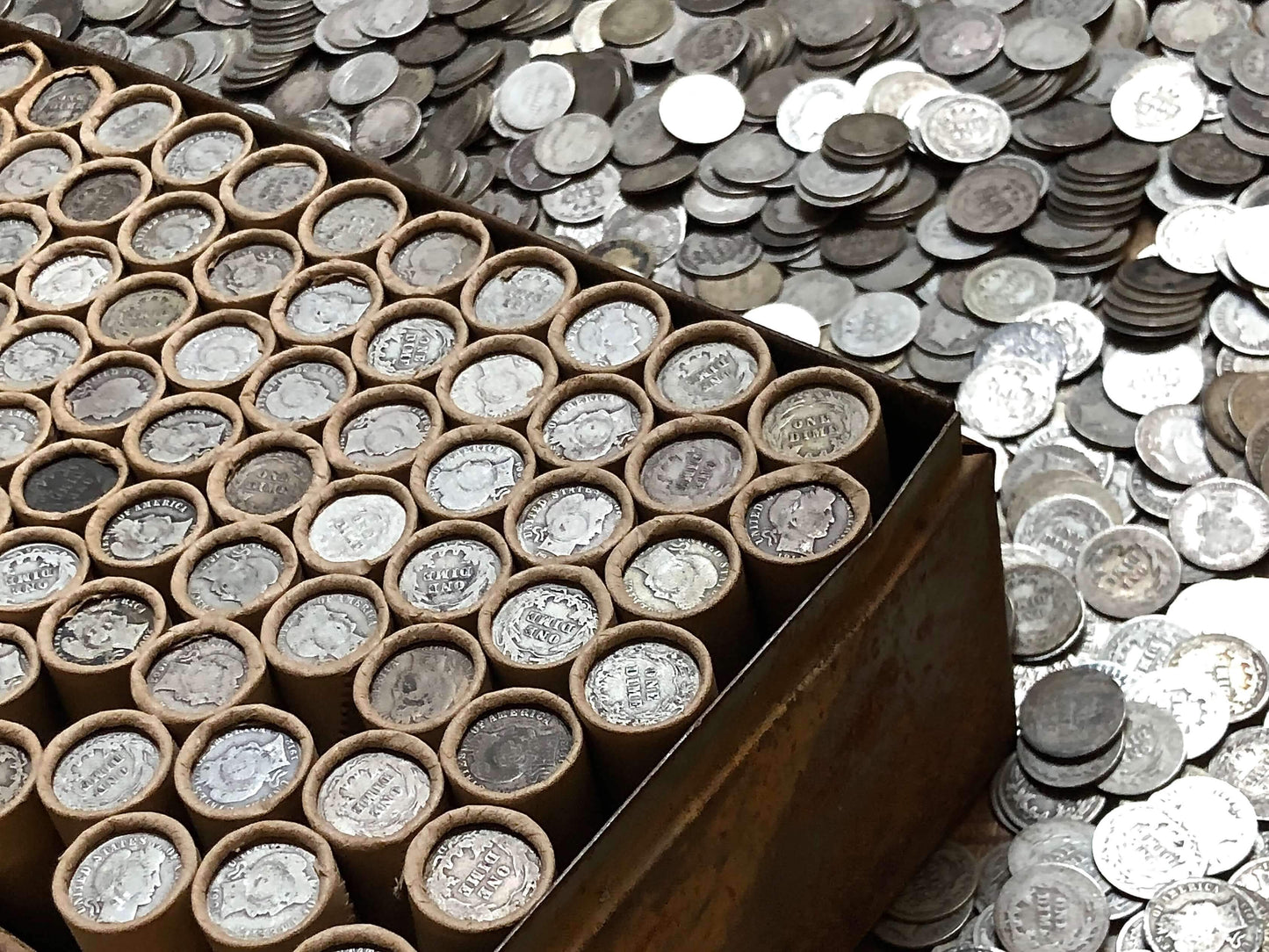 VINTAGE ROLLS OF WHEAT CENTS WITH BARBER DIMES SHOWING